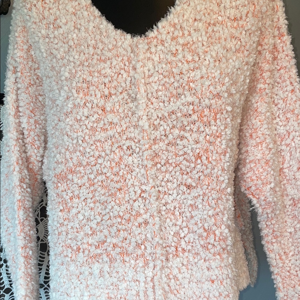 Hippie Rose Cozy Popcorn Knit V-Neck Sweater - Blush Pink and Cream - Picture 2 of 5